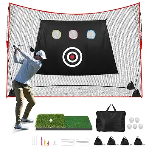 Golf Net: 10x7ft Heavy Duty Golf Practice Net for Indoor/Outdoor Training, Portable Golf Hitting Net with Carry Bag, Ideal Golf Training Aid for Golfers Backyard Driving Chipping Swing (Standard)