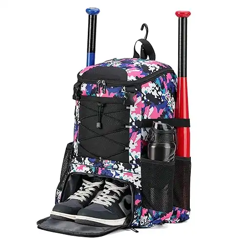 Softball Bag, Baseball Bat Bag for Youth Girls Adult, Lightweight Baseball Equipment Backpack with Shoe Compartment, Bat Backpack with Fence Hook for TBall Bat, Helmet