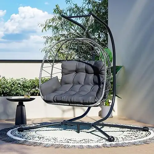 Pamapic Stylish Wicker Double Swing Egg Chair, 730 LBS Hanging Egg Chair with Stand, Thick Steel Frame Egg Chair Outdoor, Soft Cushion with Armrests & Headrest Egg Swing Chair for Patio, Dark Gray