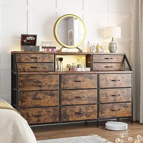 EnHomee 55 W Dresser for Bedroom, Dresser with 13 Large Drawer, Dressers & Chests of Drawers, Dressers with 2 Shelves, Bedroom Dresser, Long Dresser for Closet, Wooden Top Metal Frame Rustic Brown