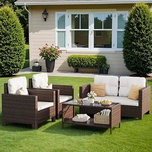 Homall 4 Pieces Patio Furniture Sets Rattan Chair Wicker Conversation Sofa Set, Outdoor Indoor Backyard Porch Garden Poolside Balcony Use (Beige)