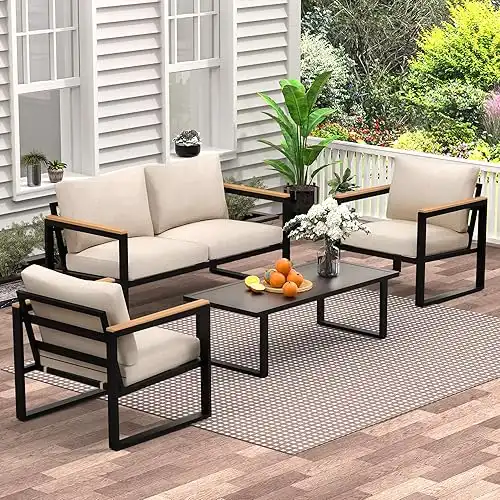 Patio Furniture Set, 4 Pieces Outdoor Patio Furniture with Coffee Table Set, Metal Patio Conversation Sets with Washable and High-Resiliency Sponge Cushions, Beige