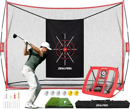 Golf Net, 10x7ft Practice Net with Chipping Net, Foldable Mat, Silk Target, 8 Tees, 6 Balls, Carry Bag, Golf Hiting Nets for Backyard Driving Chipping Indoor Outdoor Use