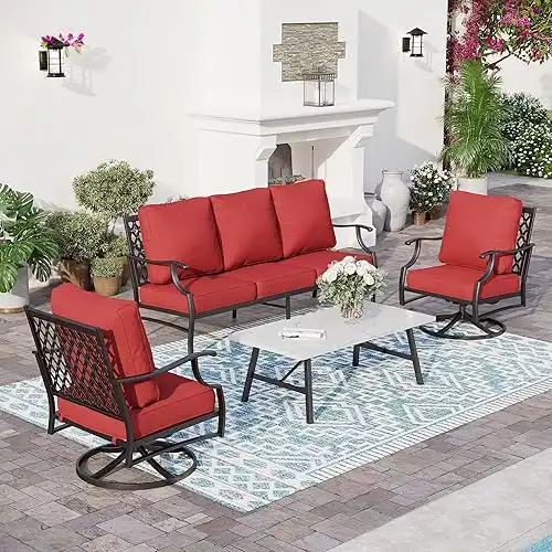 4 Piece Metal Outdoor Patio Furniture Sets, Patio Conversation Sets 1 3-seater Sofa, 2 Swivel Chair with 5.75