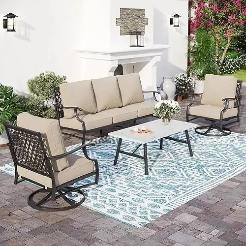 Patio Furniture Set, 4 Piece Modern Metal Outdoor Patio Furniture, 3 Seater Couch, 2 swivel Chairs, Coffee Table and 5.75