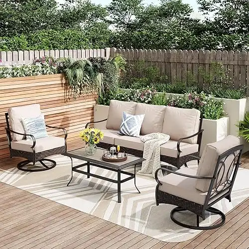 PHI VILLA Outdoor Modern Patio Furniture Set, Upgraded Wicker&Metal Patio Furniture Conversation Set with Waterproof Thick Cushions for Porch, Poolside, Deck, and Yard (4 Pieces,Beige)