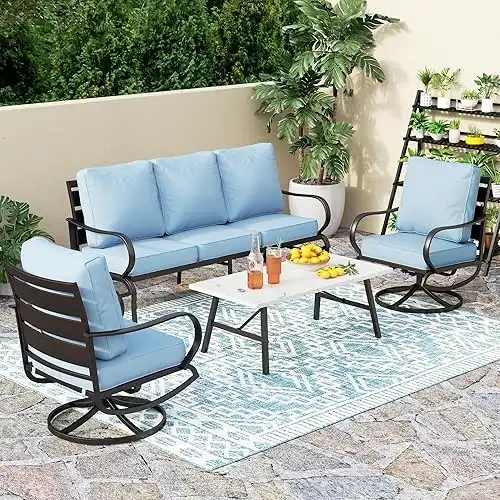 PHI VILLA 4 Piece Patio Furniture Sets for 5 Person with 1 x 3-Seat Deep Seating Bench, 2 x Cushioned Swivel Sofa Chairs & 1 x Coffee Table, Outdoor Metal Conversation Set for Lawn Garden, Light B...