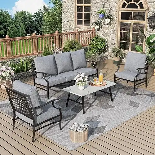 Patio Furniture Set 4 pcs, Metal Outdoor Patio Furniture, 3-Seat Sofa, 2 Single Chairs, Metal Coffee Table and 5.75